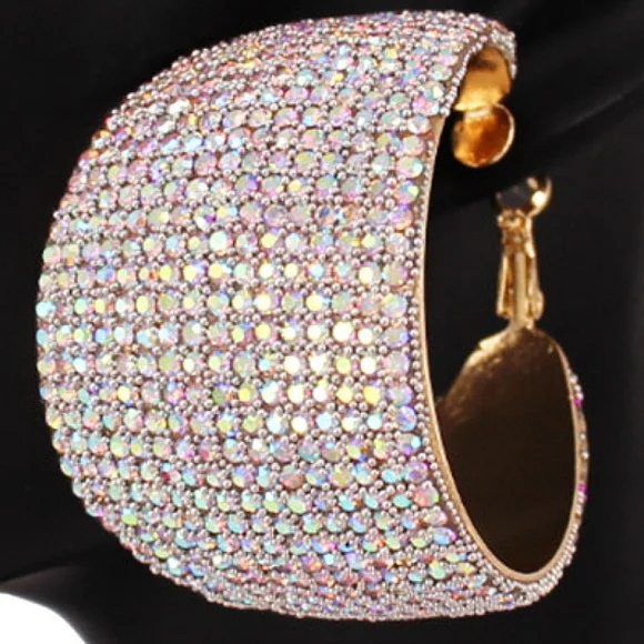 Abalone Crystal Hoop Earrings Wide Bold 1.75" Trend Fashion Statement Accessory - Picture 2 of 2